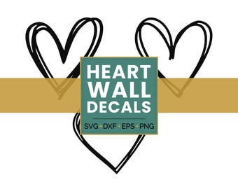 Puede incluir: Dos corazones negros dibujados a mano con un cuadrado turquesa superpuesto que dice "HEART WALL DECALS" y "SVG • DXF • EPS • PNG" en texto blanco.