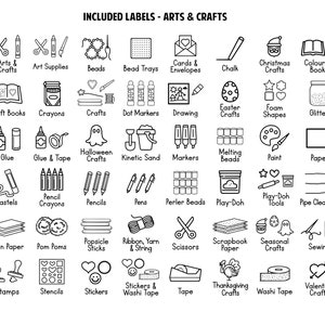 May include: Black and white line art icons representing various arts and crafts supplies and activities, including beads, crayons, paint, paper, glue, scissors, and more.