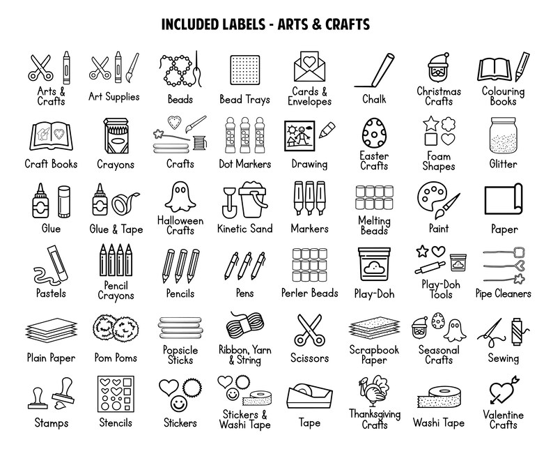 May include: Black and white line art icons representing various arts and crafts supplies and activities, including beads, crayons, paint, paper, glue, scissors, and more.