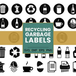 Puede incluir: Etiquetas de reciclaje y basura en blanco y negro. La imagen incluye iconos de un cubo de basura, un corazón de manzana, un símbolo de reciclaje, botellas, una lata, una taza de café y más. El texto "RECYCLING GARBAGE LABELS" está en el centro.