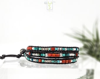 Leather triple ladder wrap bracelet, Turquoise and Red Apple Coral, sterling silver, stackable bracelet, for him or her