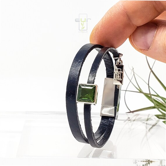 Leather and Natural Moldavite Bracelet Solid Sterling Silver