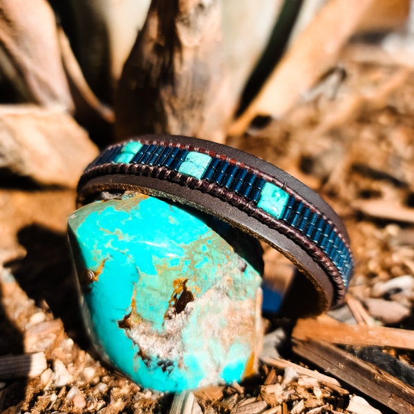 Leather handwoven cuff, Kingman Turquoise, Hematite, locking magnetic polished stainless steel clasp, for him or her