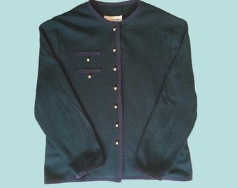 Vintage 1980s green and navy wool mix formal jacket with gold buttons size UK 16