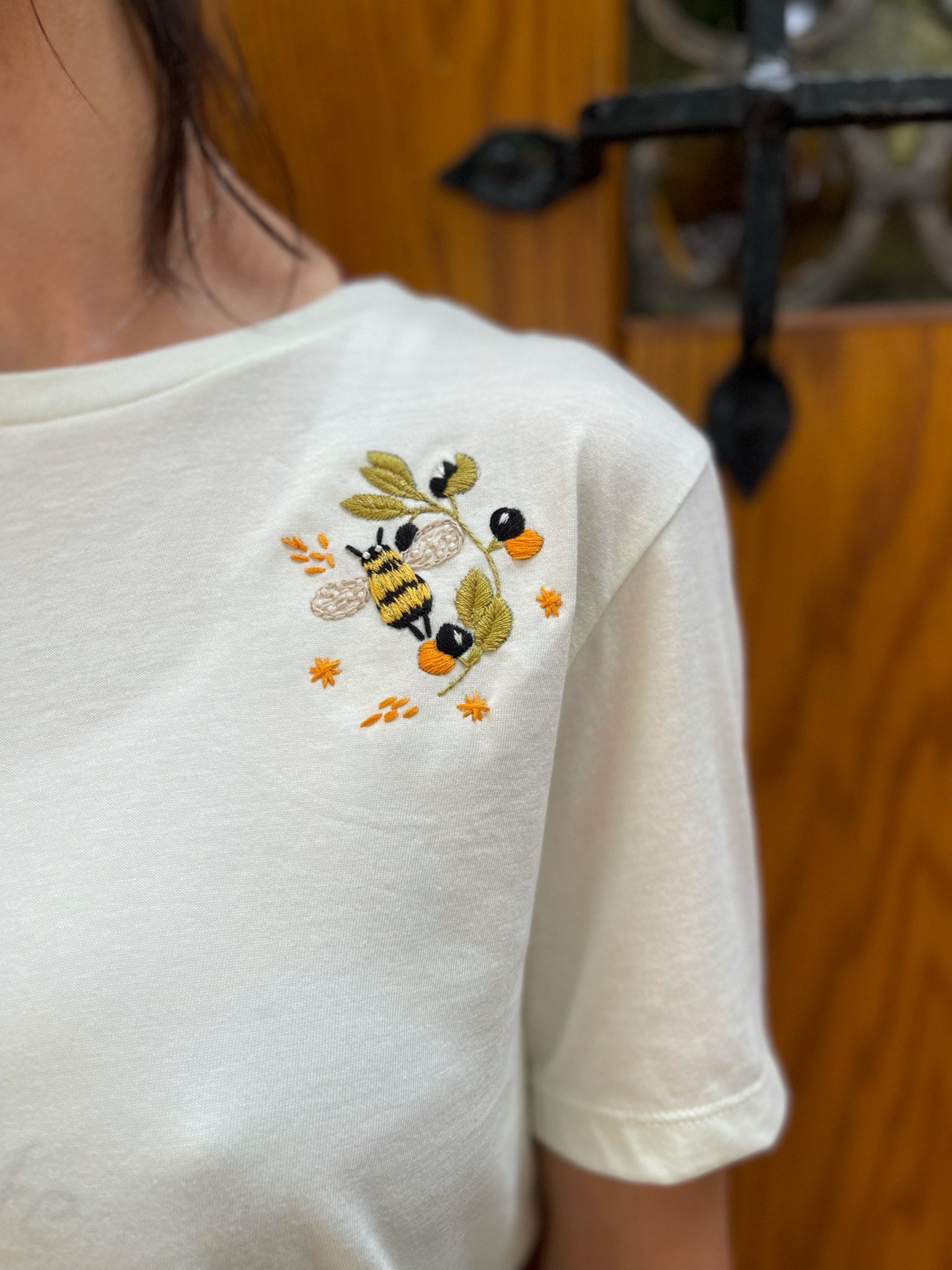 Hand-embroidered Floral T-shirt M Flower Bee Embroidered Shirt Handmade Tee  -  Canada