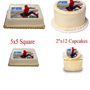 May include: A set of edible images featuring Spider-Man, perfect for decorating cakes and cupcakes. The set includes a 1/4 sheet image (10.5 inches by 8 inches), a 5-inch by 5-inch square image, a 5-inch by 10-inch round image, and 12 2-inch round images.