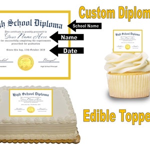 Diplomas de graduación personalizados, adornos comestibles para cupcakes o golosinas Rice Crispy. Papel de azúcar glaseado. Miniatura de la promoción de 2024. Escuela secundaria.