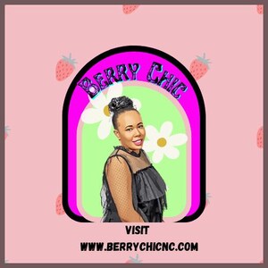 May include: A pink and purple logo with the text "Berry Chic" in a black font. The logo features a woman with dark hair and a black dress, with a green background and white flowers.