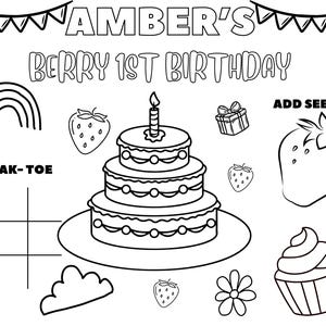 First Birthday Strawberry Birthday Party Activity Sheet | Strawberry theme Party Favor | Kids Activity Sheet | Personalized Party Placemat