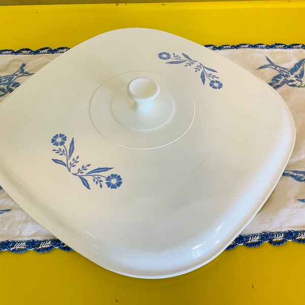 Vintage Corning Ware Blue Cornflower Pyroceram White 10” Lid with Blue Flowers—Lid Only