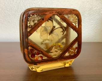 Vintage 1970s Acrylic Resin Lucite Napkin Holder w/Butterfly/Seeds Rattan Boho Botanical