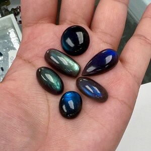 Labradorite 6 piece pack, smooth cabochon cut with flat back, mix shapes.