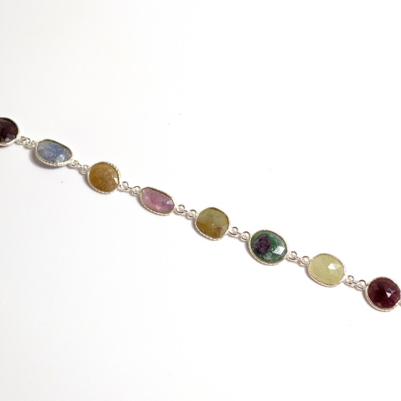 Bezel Link Chain 11 x 9 mm Free Form Slice Silver Bezel Connector Chain Sold By Foot Multi Color Sapphire