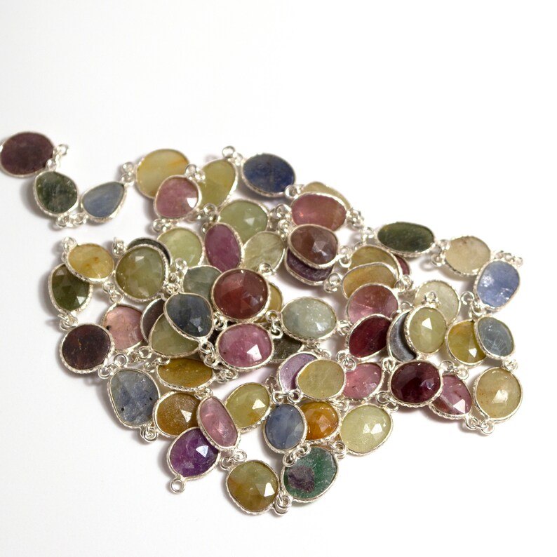 Bezel Link Chain 11 x 9 mm Free Form Slice Silver Bezel Connector Chain Sold By Foot Multi Color Sapphire