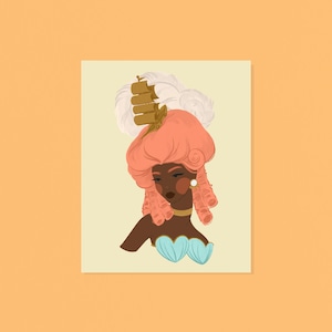 May include: Illustration of a person with dark skin wearing a pink wig, gold necklace, and a light blue top. The wig is adorned with a ship and white feathers. The background is a light yellow color, and the border is orange.