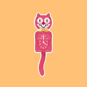 May include: A pink cat-shaped wall clock with a yellow bow tie and a white outline. The clock face is oval and displays the time. The cat has large eyes and a smiling mouth. The background is a solid orange color.