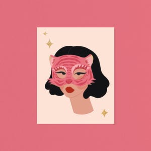 Pink Tiger Mask Print: Glam Feminine Wall Art