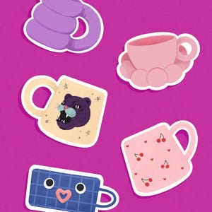 Pegatinas de vinilo con forma de taza caprichosa: juego de 5