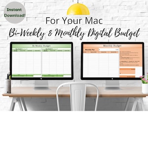 May include: Two computer screens displaying a bi-weekly and monthly budget spreadsheet template. The screens are on a wooden desk with a white brick wall in the background. The text on the screen reads "Bi-Weekly Budget" and "Monthly Budget".