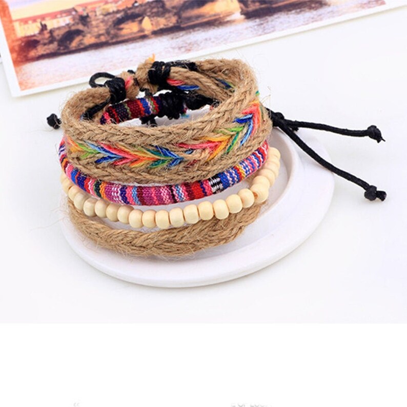Multilayer Multimedia Boho Embroidery Cotton Handmade Friendship Bracelets 4 PC Set Colorful Beaded Hemp Rope Woven Bracelets
