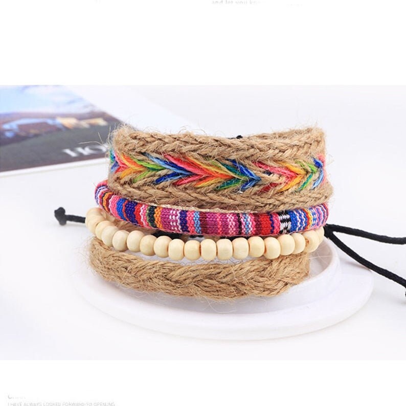 Multilayer Multimedia Boho Embroidery Cotton Handmade Friendship Bracelets 4 PC Set Colorful Beaded Hemp Rope Woven Bracelets