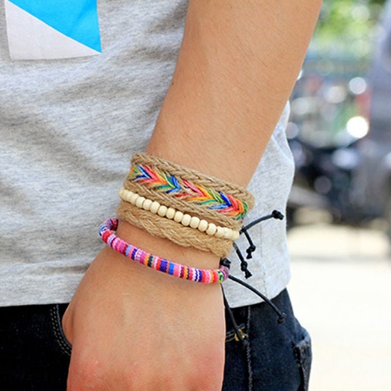 Multilayer Multimedia Boho Embroidery Cotton Handmade Friendship Bracelets 4 PC Set Colorful Beaded Hemp Rope Woven Bracelets