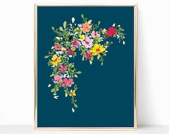 Deep blue colorful floral watercolor print artwork
