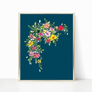 Deep blue colorful floral watercolor print artwork