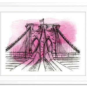 Brooklyn Bridge print New York City pink watercolor artwork