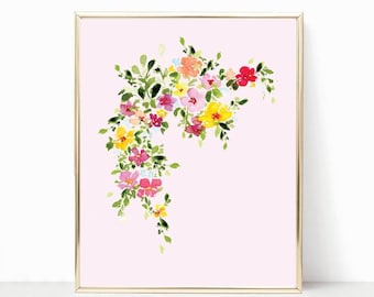 Blush pink colorful floral watercolor print artwork