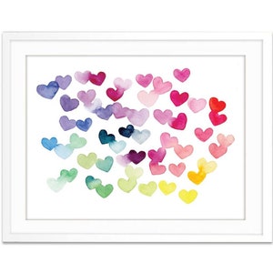Colorful Rainbow hearts watercolor painting print artwork