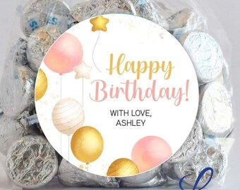 Happy Birthday Pink and Gold Personalized Sticker, Birthday Stickers, Personalized Labels