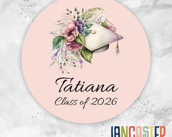 Floral Grad Cap Class of 2023 Personalized Sticker, Graduation Stickers, Personalized Labels