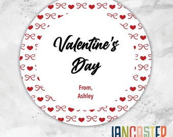 Coquette Bow Valentine Stickers Personalized Heart Border Kids School Class Treat Bag Custom Name Gift Tag