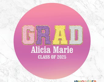 Personalized GRAD Sticker | Chenille Style Graduation Label | Custom Name Class of 2025 Decal | Pink Gradient Grad Gift