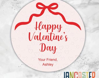Valentine Stickers - Personalized Treat Bag Labels - Kids School Party Favors - Bow & Hearts