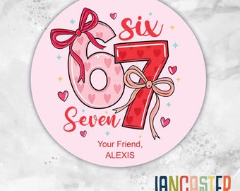 Personalized Coquette Bow Number 67 Sticker, Custom Name Valentine Label