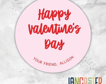 Personalized Happy Valentine's Day Stickers, Custom Name Labels, Kids School Treat Bag Tags, Pink Round Circle Favor Label, Envelope Seal