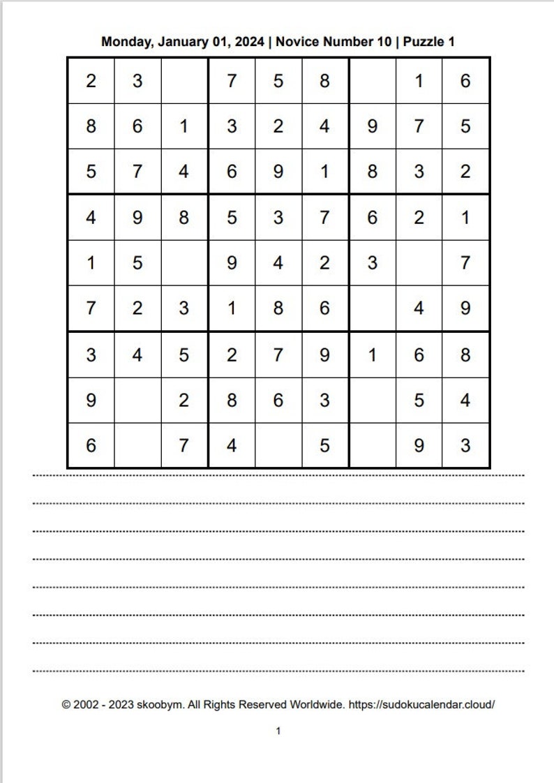 2024 Printable Sudoku Yearly Calendar Planner Ideal for Beginners