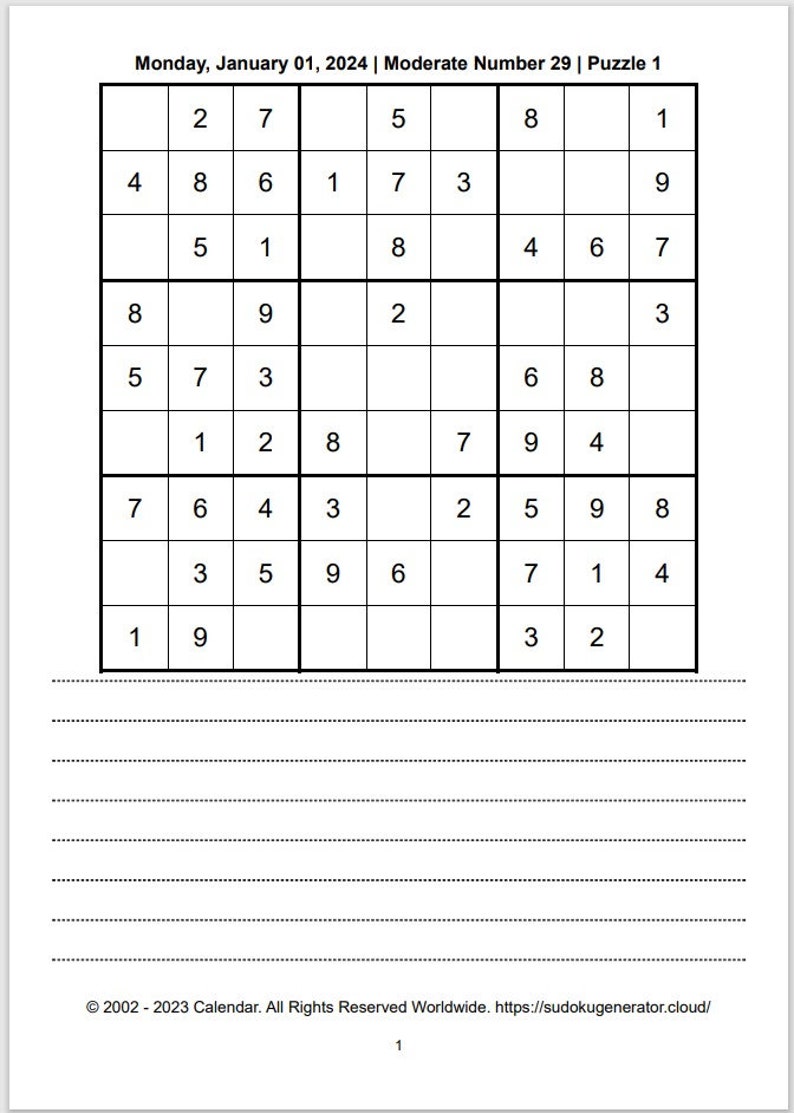 2024 Printable Sudoku Yearly Calendar Planner Ideal for Beginners