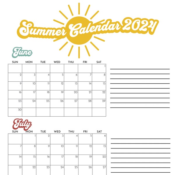 Summer 2024 Poster Calendar 3 month June July August kids fun activities organize schedule cute summer vacation trip holiday