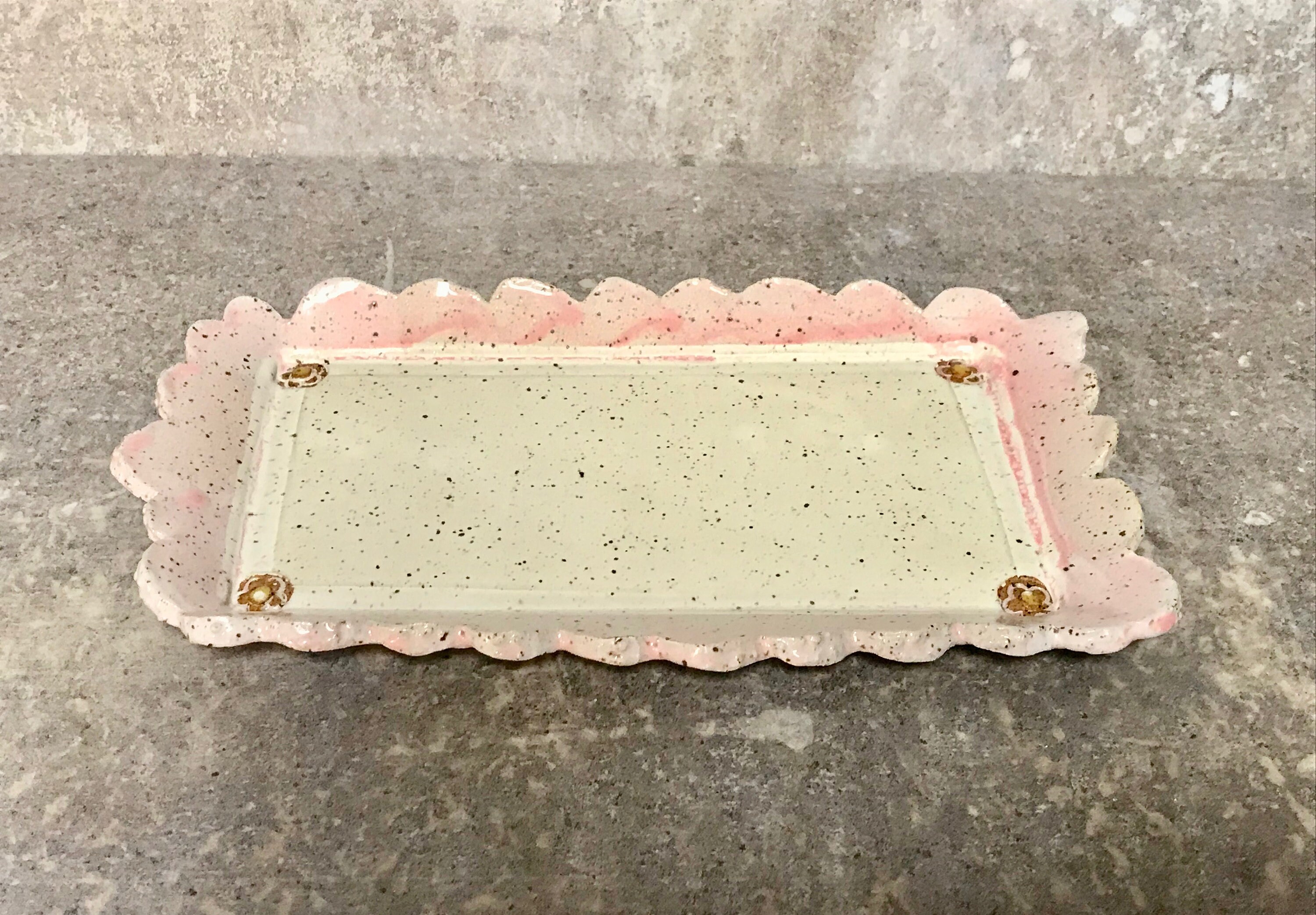 Ceramic Vanity Tray Perfume Tray Jewelry Tray Makeup Tray Scalloped Rim Tray White With Pink Tray Speckled Clay Tray