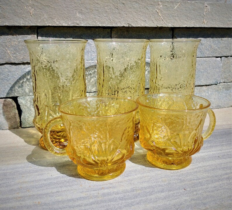 Set of 5 Vintage Anchor Hocking Yellow Daisy Glassware Honey Etsy
