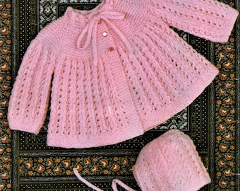 Baby Knitting Pattern, Coat and Bonnet, Size 18 to 20 Inch Chest, 3 ply Yarn or Wool, Instant Download pdf