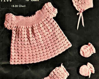 Modèle au crochet pour bébé, robe, bonnet, chaussons, mitaines, tour de poitrine de 45 à 50 cm, laine ou fil 4 fils, téléchargement immédiat pdf