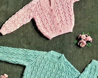 Modèle de tricot pour bébé, pull et cardigan, taille 18 à 22 pouces de poitrine, fil à tricoter double ou laine, téléchargement instantané pdf