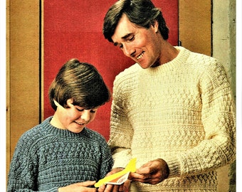 Boys and Mans breipatroon, Aran-trui, borstomvang 24 tot 42 inch, arangaren, pdf direct downloaden, herentrui, jongenstrui