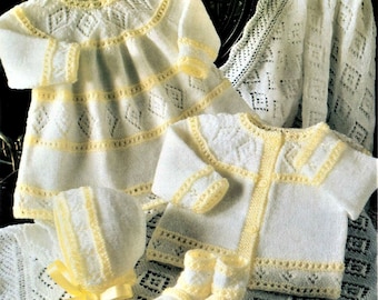 Baby Strickmuster, Matinee Set, Strickkleid, Mütze, Schühchen, Mütze, Schühchen, Größe 30 bis 45 cm, Instant Download pdf