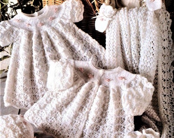 Nealy Frees Baby Knitting Pattern, Matinee Set, Coat, dress, bonnet,  shawl, Size 12 to 18 Inch Chest, 3 Ply, Instant Download pdf