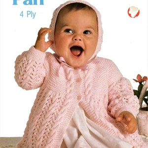Baby Knitting Pattern, Matinee Jacket and Bonnet, Size 16 to 20 Inch Chest, 4 Ply Yarn or Wool, Instant Download pdf
